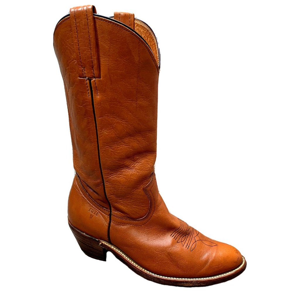 Vtg 1970s Frye Men's Western Cowboy Boot Brown Thick Leather MADE USA Size 9 D